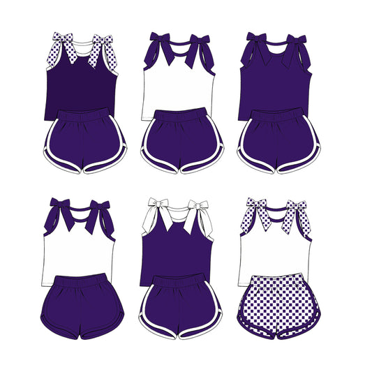 custom moq 5 mix size Baby Girls Purple Bow Sleeveless Top Shorts Summer Outfit Sets