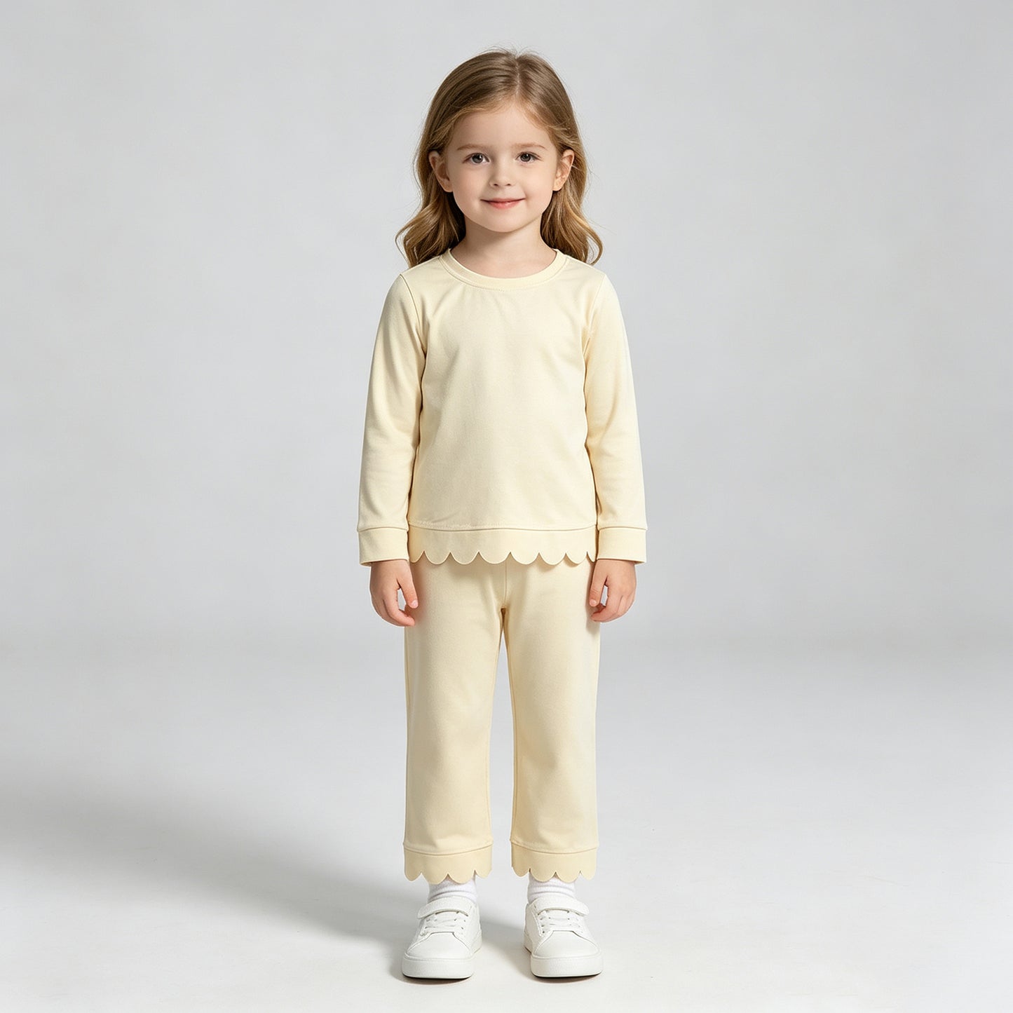 NEW RTS NO MOQ milk silk GLP3293 Baby Girls Yellow Long Sleeve Top Pants Scallop Pajamas Clothes Sets