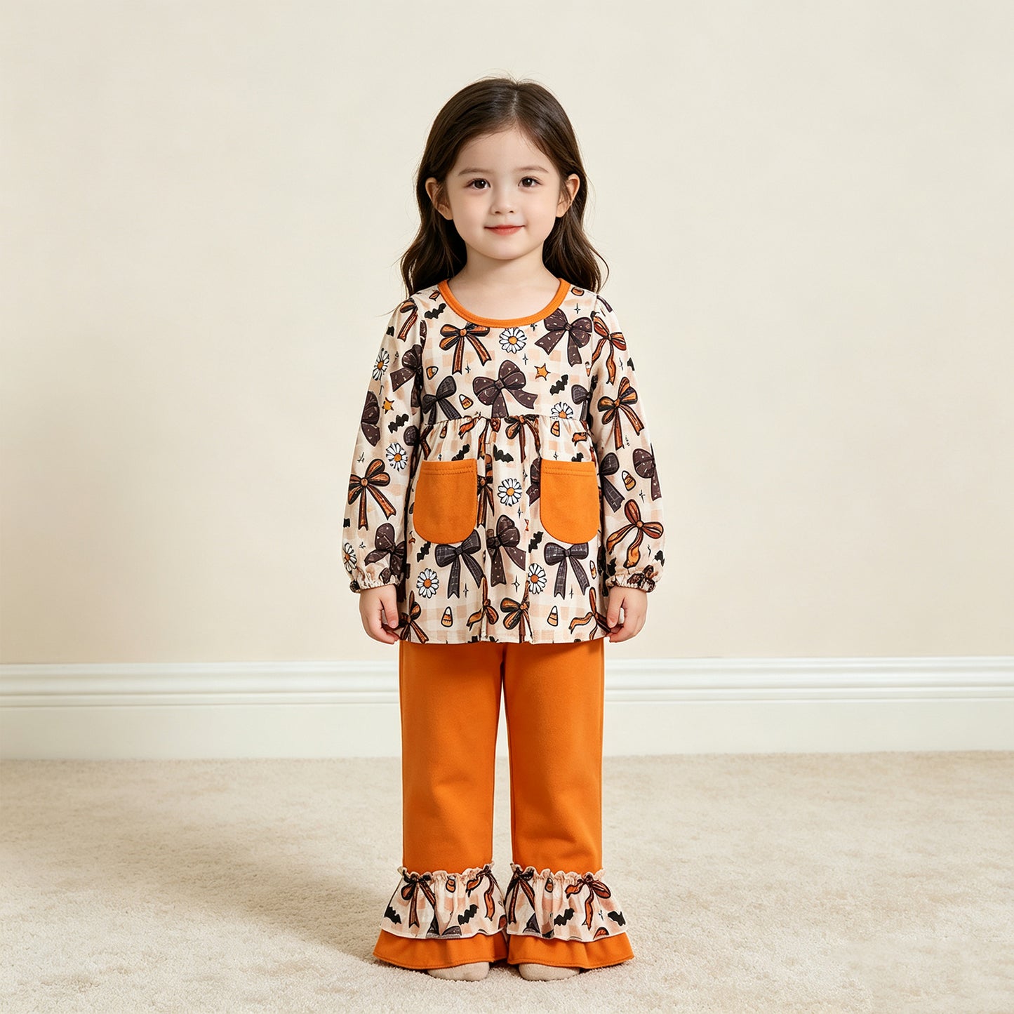 NEW RTS NO MOQ milk silk GLP3534 Baby Girls Halloween Bat Floral Print Pocket Tunic Top Ruffle Hem Pants Clothes Set