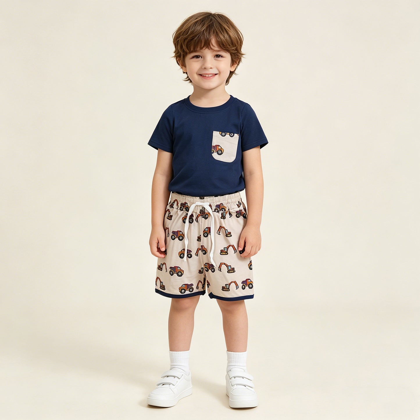 RTS NO MOQ BSSO1364 Baby Boys Summer Navy Pocket Top Excavator Print Shorts