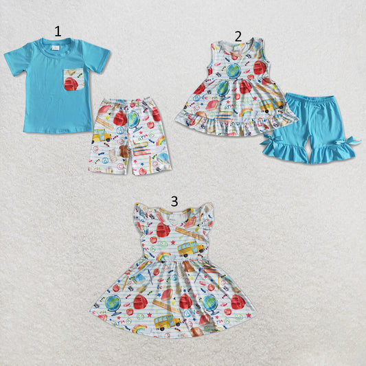 RTS NO MOQ Sibling milk silk Baby Girls Boys Back To School Print Short Sleeve Tee Elastic Waist Shorts Set Dresses(2T-14-16T）