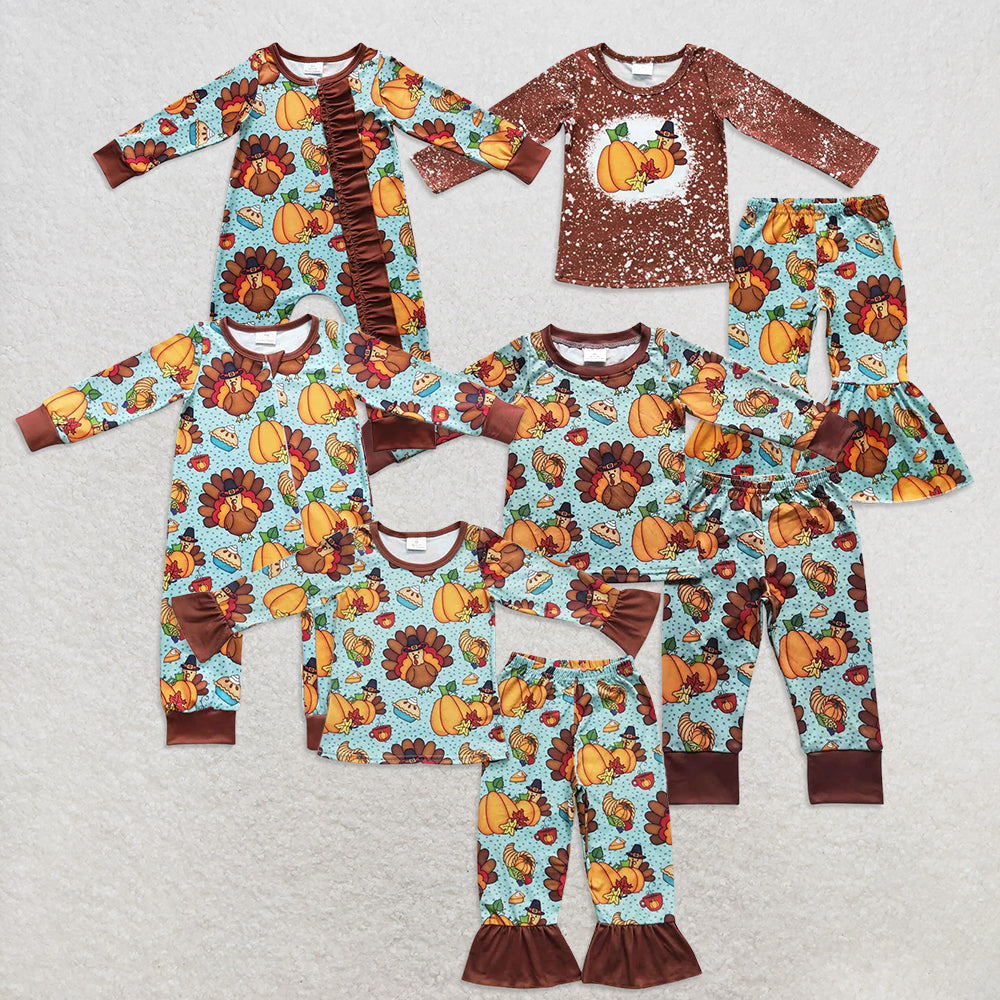 RTS NO MOQ Sibling Baby girls clothes thanksgiving turkey long-sleeved trousers suit & rompers