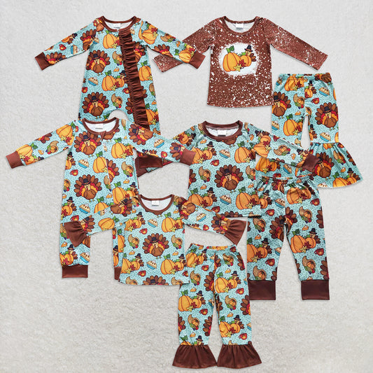 RTS NO MOQ Sibling Baby girls clothes thanksgiving turkey long-sleeved trousers suit & rompers