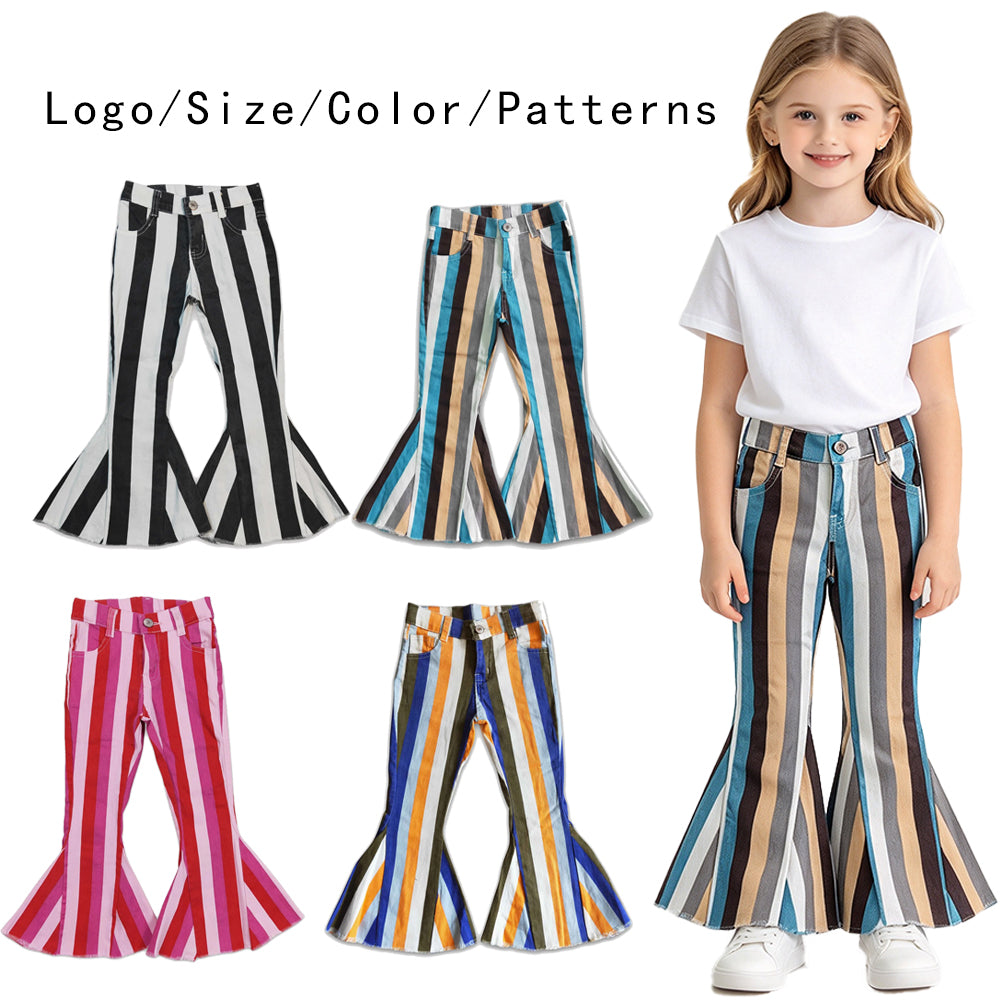 RTS NO MOQ Sibling Denim Baby Girls Stripe Bell Bottom Denim Pants