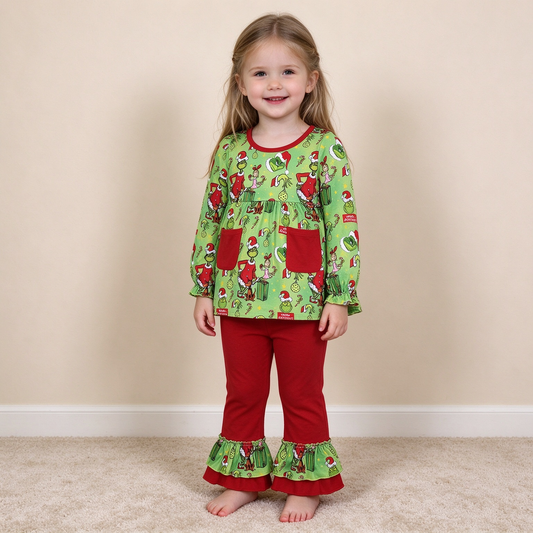 NEW RTS NO MOQ milk silk GLP3459 Baby Girls Green Gifts Pockets Tunic Ruffle Pant Christmas Set