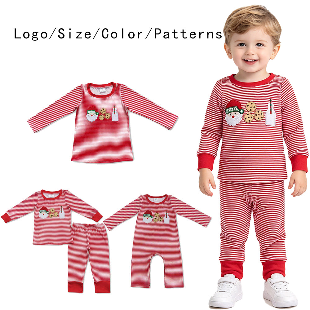 RTS NO MOQ Sibling milk silk Baby Boys Christma Embroidery Santa long sleeve pants sets and rompers and top