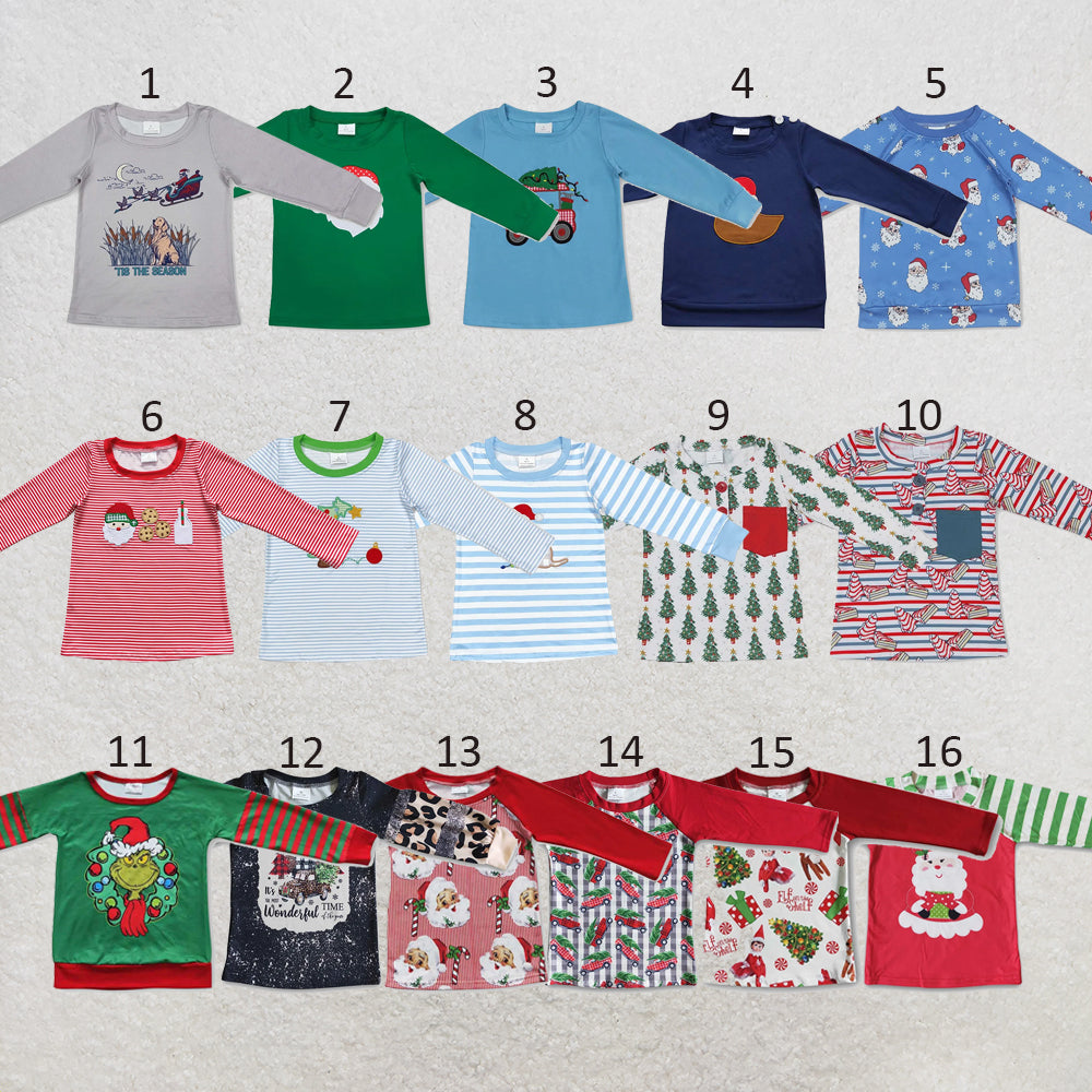 RTS NO MOQ Sibling milk silk Baby Boys Green Santa Tee Shirts Casual Tops