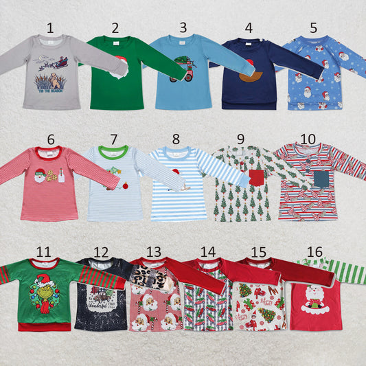RTS NO MOQ Sibling milk silk Baby Boys Green Santa Tee Shirts Casual Tops