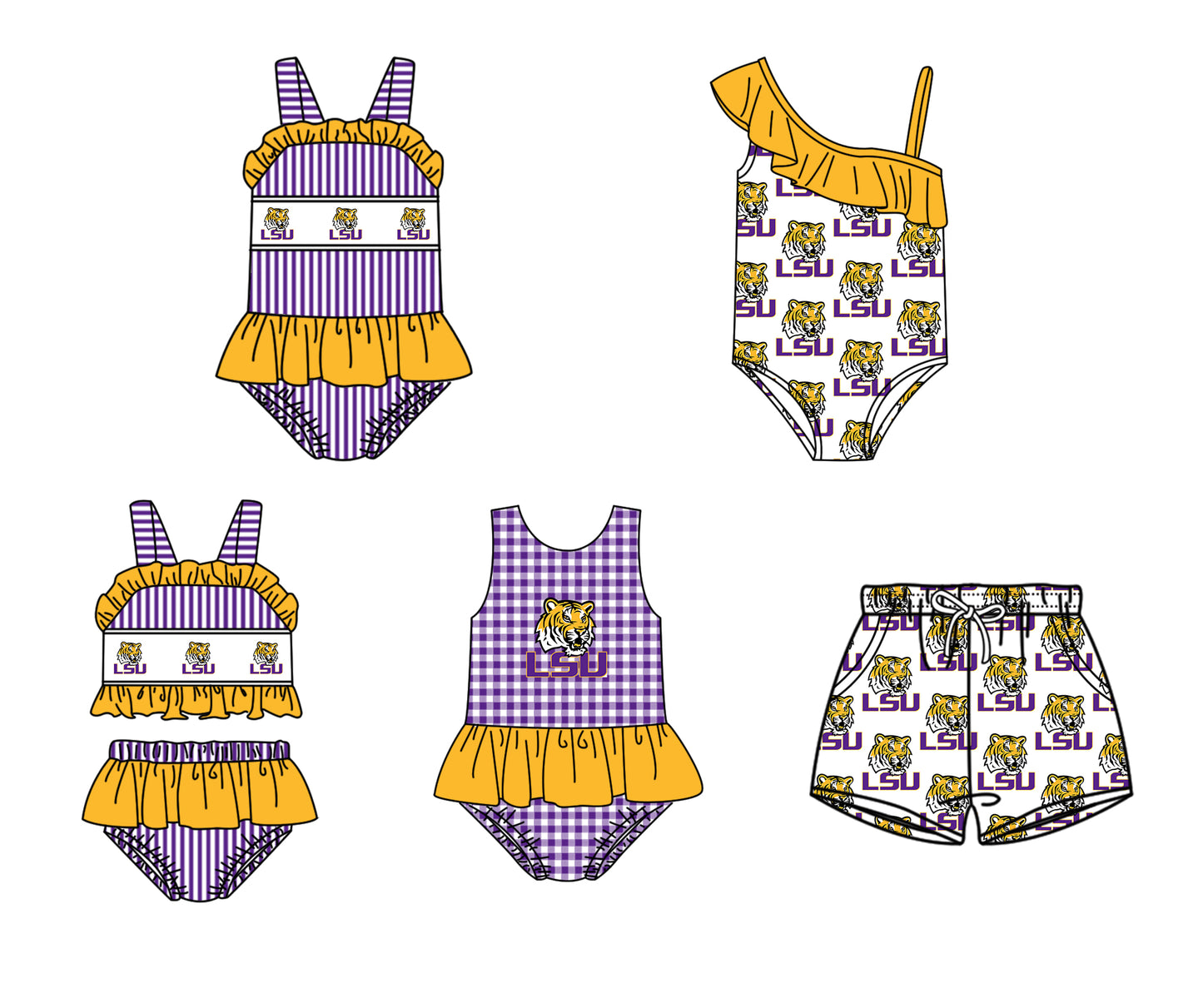 Custom moq 5 mix size milk silk summer teams Baby Girl Purple Stripe Two-Piece Swimsuit Set One Piece Swimsuits Boys Swim Trunks