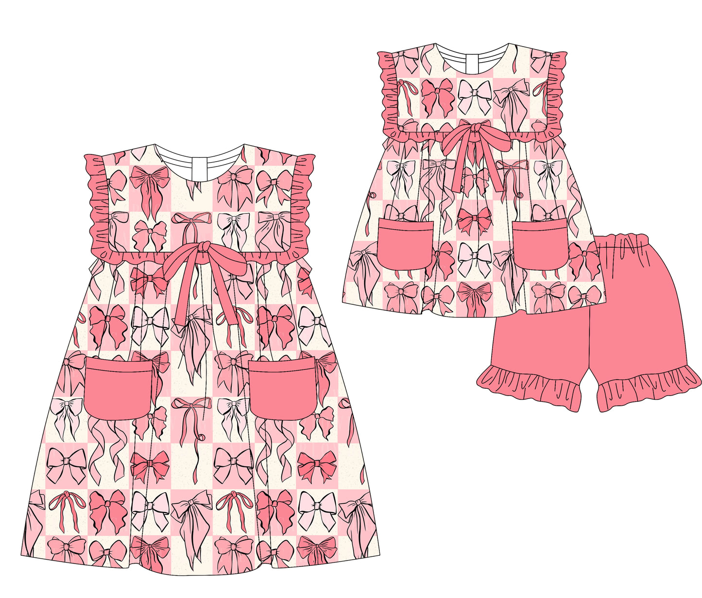3.20 custom each style moq 5eta 4-6week Sibling Sister bow baby girl short sleeve shorts sets and dresses match design