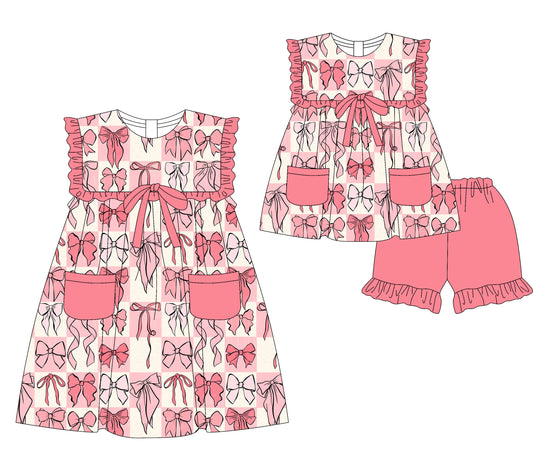 3.20 custom each style moq 5eta 4-6week Sibling Sister bow baby girl short sleeve shorts sets and dresses match design