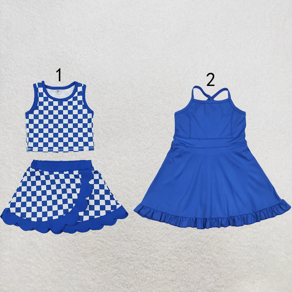 RTS NO MOQ Sibling yoga fabric Baby Girls Blue Checker Print Tank Skort And Solid Blue Halter Twirl Dress Matching Yoga Outfit