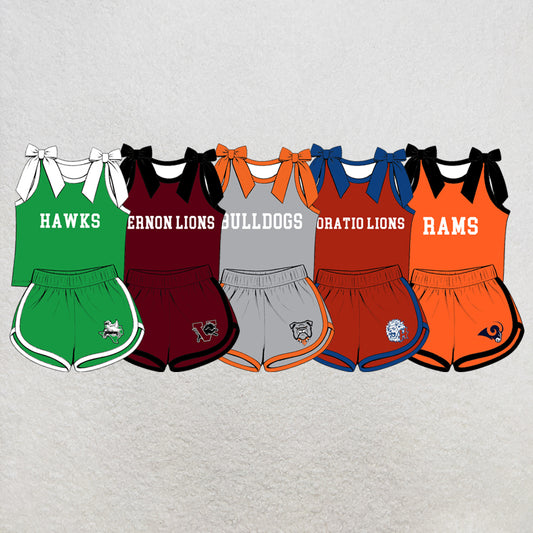 custom moq 5 mix size XY072001 Baby Girls Bow Sleeveless Letter Printed Top Shorts Summer Team Set