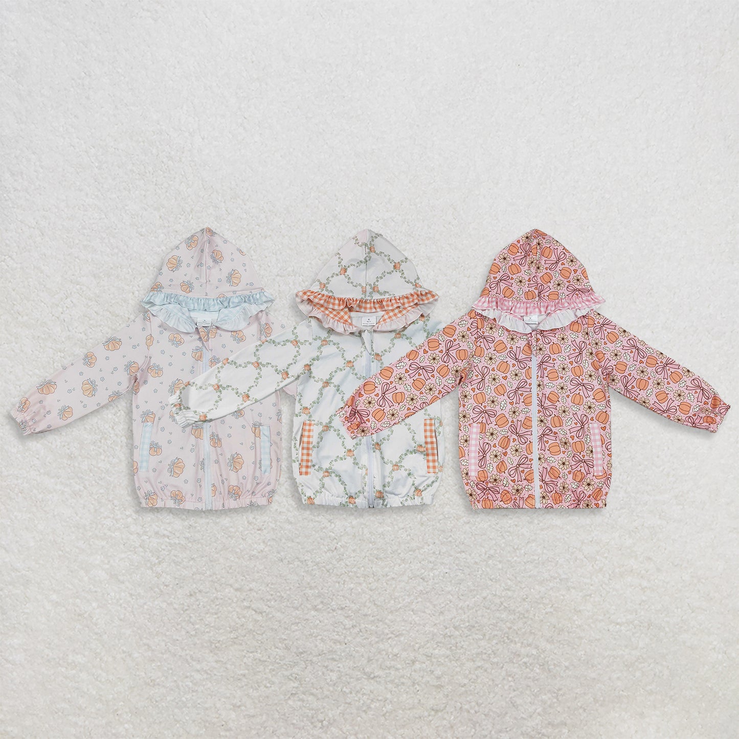 RTS NO MOQ Sibling milk silk Baby Girls Flowers  Fall Zip Pockets Ruffle Hoodie Jackets Top