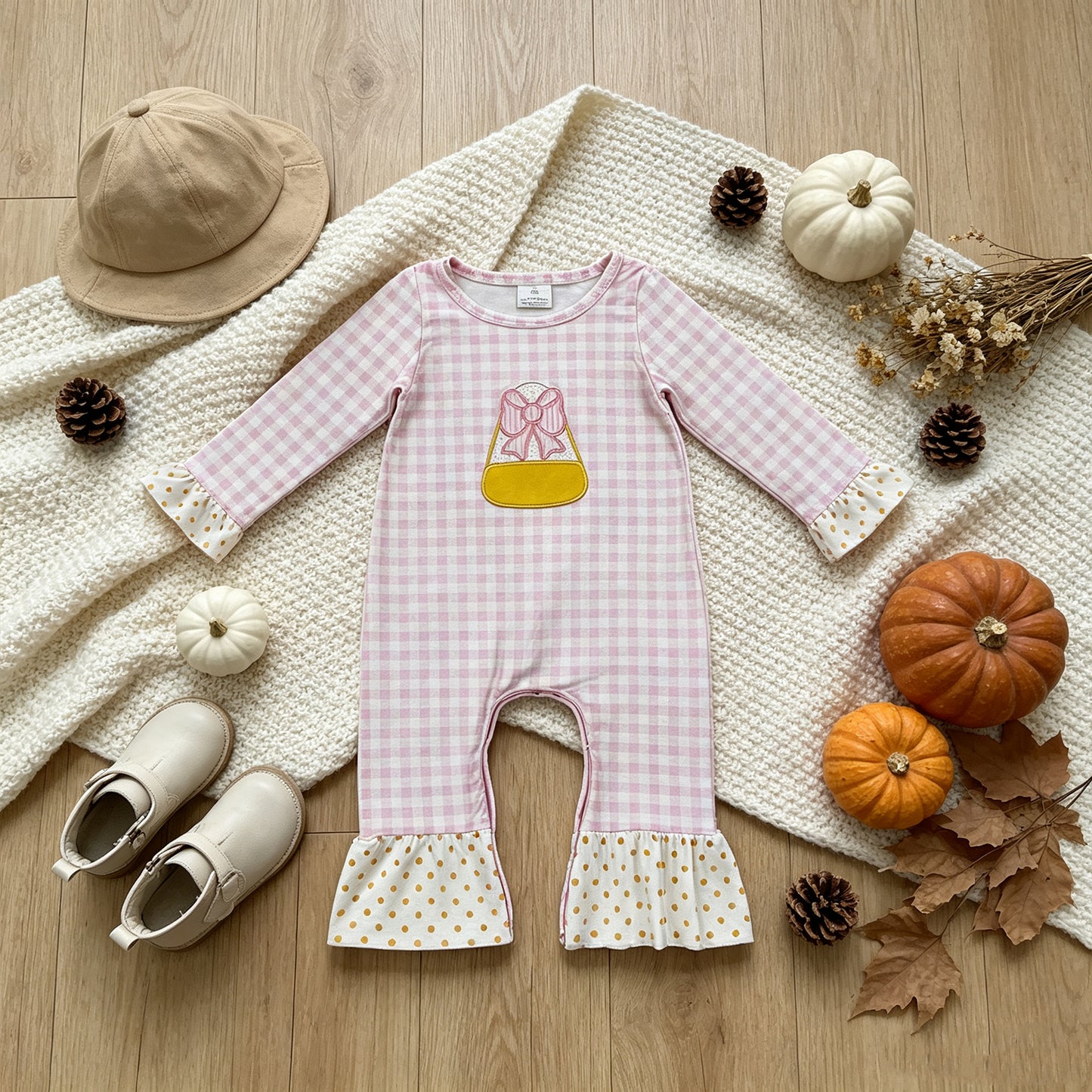 NEW RTS NO MOQ milk silk LR3022 Baby Girls Halloween Candy Print Long Sleeve Ruffle Autumn Rompers