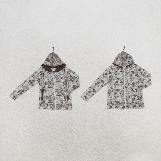 RTS NO MOQ Sibling milk silk Adult Women And Men Grey Camo Print Zipper Hoodie Jacket With Pockets Casual Outerwear Top