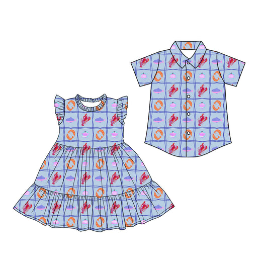 2.28 Custom moq 5 mix size Sibling Baby Girl's Plaid Flutter Sleeve Dress Baby Boy's Short-Sleeved Button Shirt Matching Outfit Set for Infants