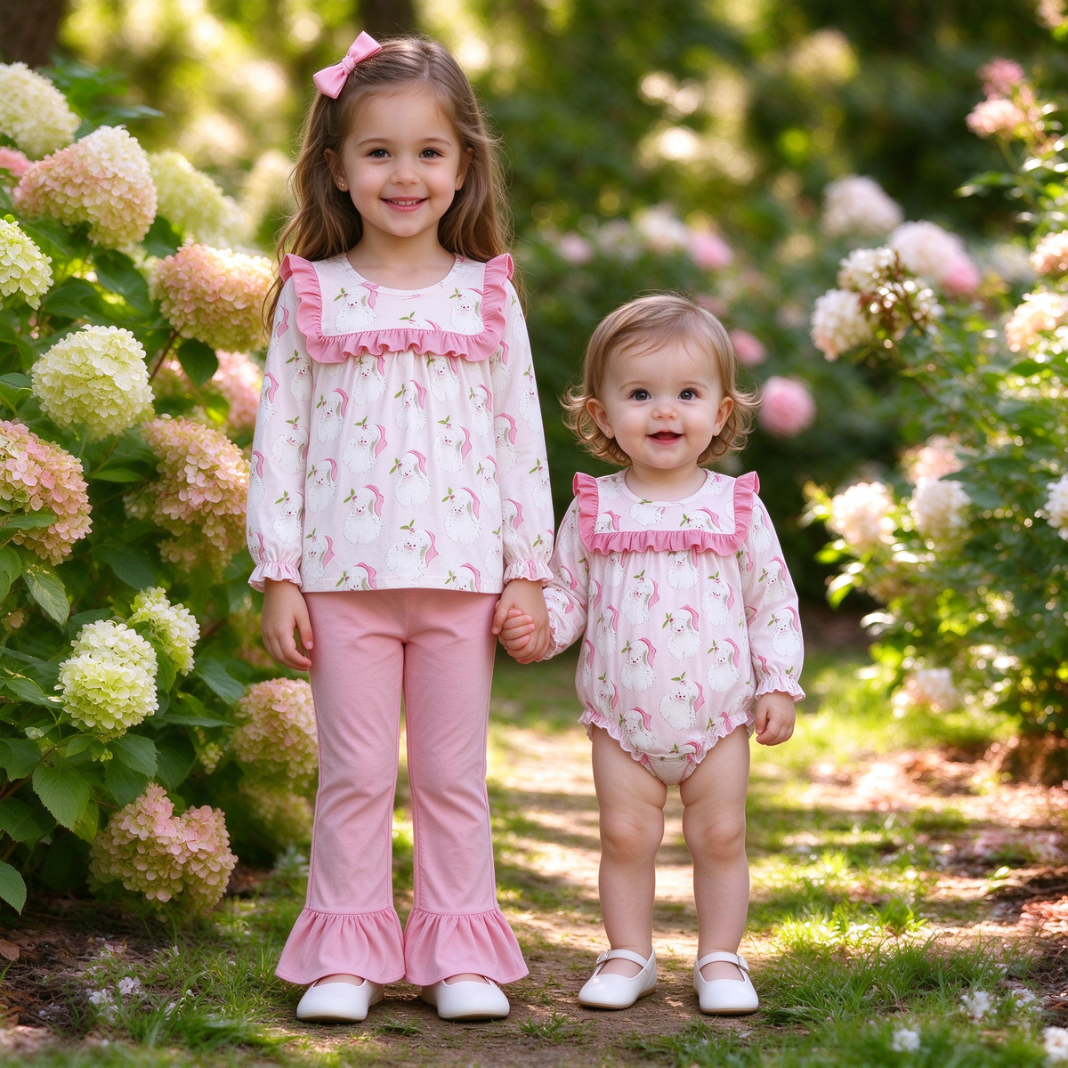 Baby Girls Christmas Pink Santa Collection - Tunic Ruffle Pant Set & Ruffle Romper