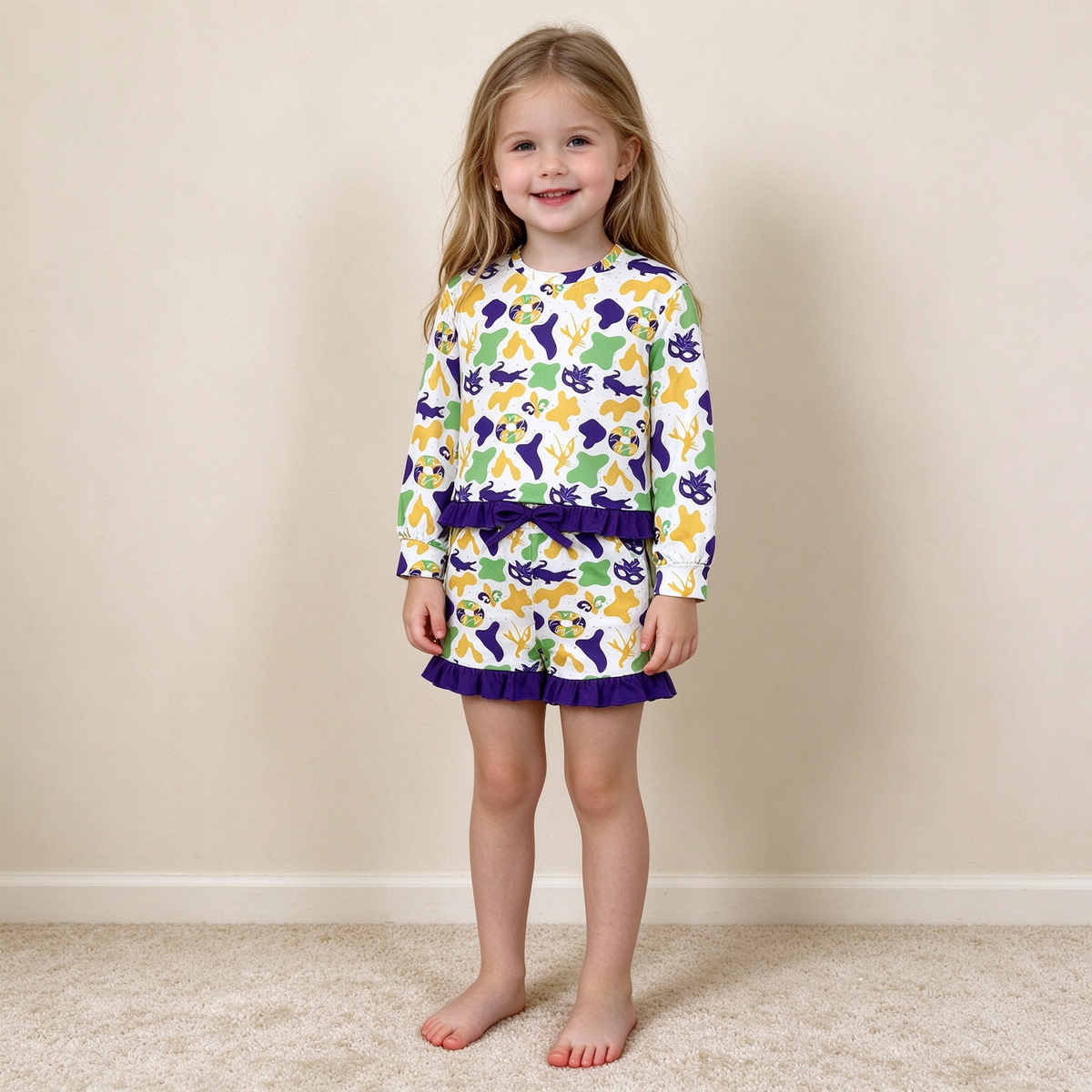 NEW RTS NO MOQ milk silk GLS0243 Baby Girls Camo Print Long Sleeve Top Ruffle Hem Short Outfit