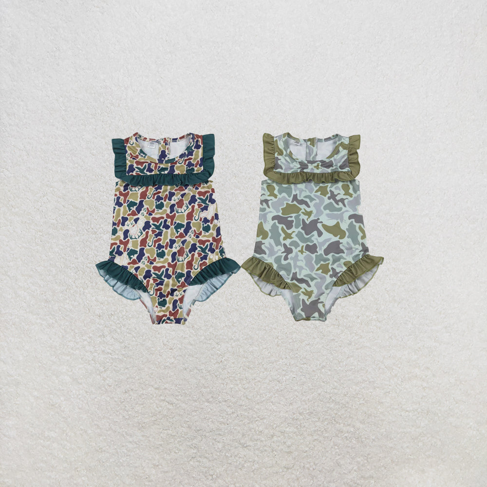 RTS NO MOQ Sibling Baby Girls Southern Hunting Camo Ruffle Swimming Swimsuits