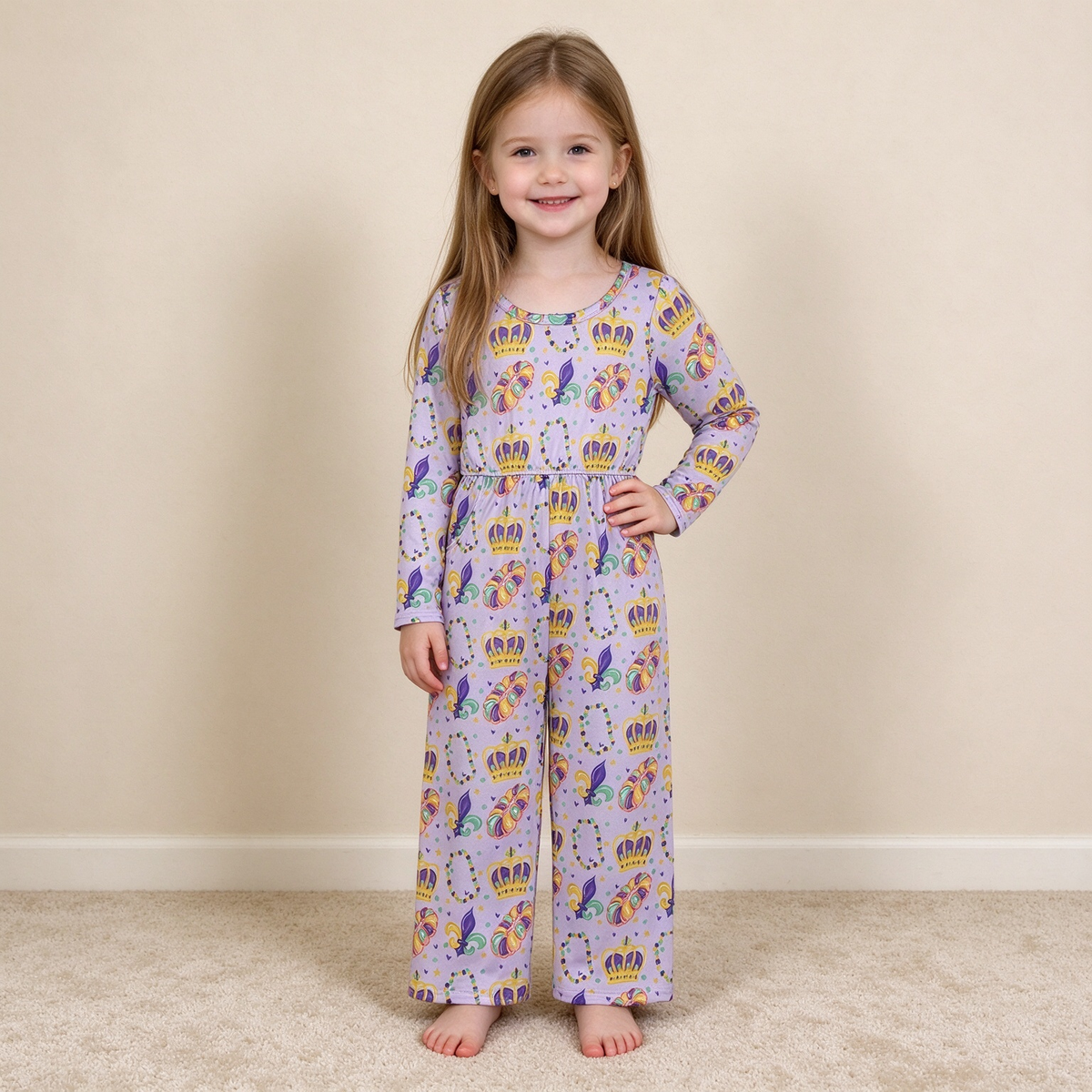NEW RTS NO MOQ milk silk LR3339 Baby Girls Purple Long Sleeve Pockets Pant Jumpsuits