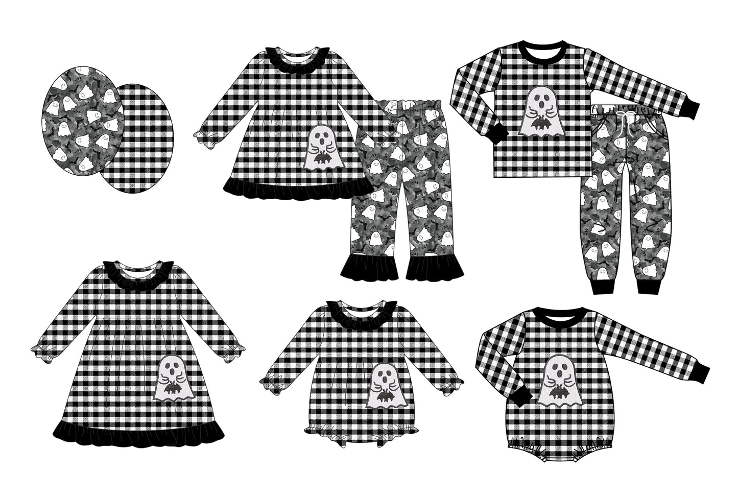 25.7.18 custom each style moq 5 eta 4-6week Sibling Sisters ghost baby girl long sleeve pants sets 1 and sets 2 and romper 1 and romper 2 and dress match family design