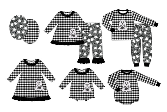 25.7.18 custom each style moq 5 eta 4-6week Sibling Sisters ghost baby girl long sleeve pants sets 1 and sets 2 and romper 1 and romper 2 and dress match family design