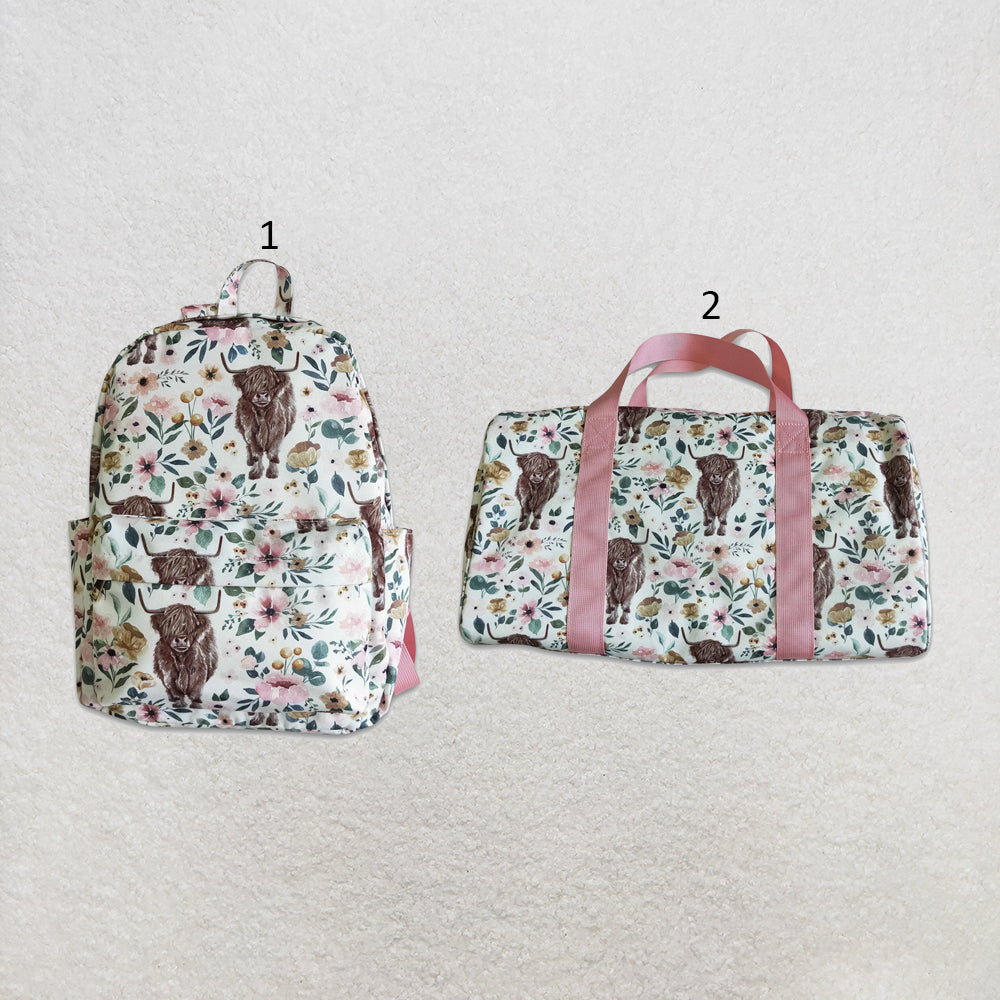 RTS NO MOQ Sibling milk silk Cute Clothes Baby Kids Western Cow Pink Floral Print Strap Zip Backpack Bag