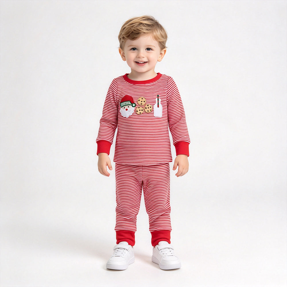 RTS NO MOQ Sibling milk silk Baby Boys Christma Embroidery Santa long sleeve pants sets and rompers and top