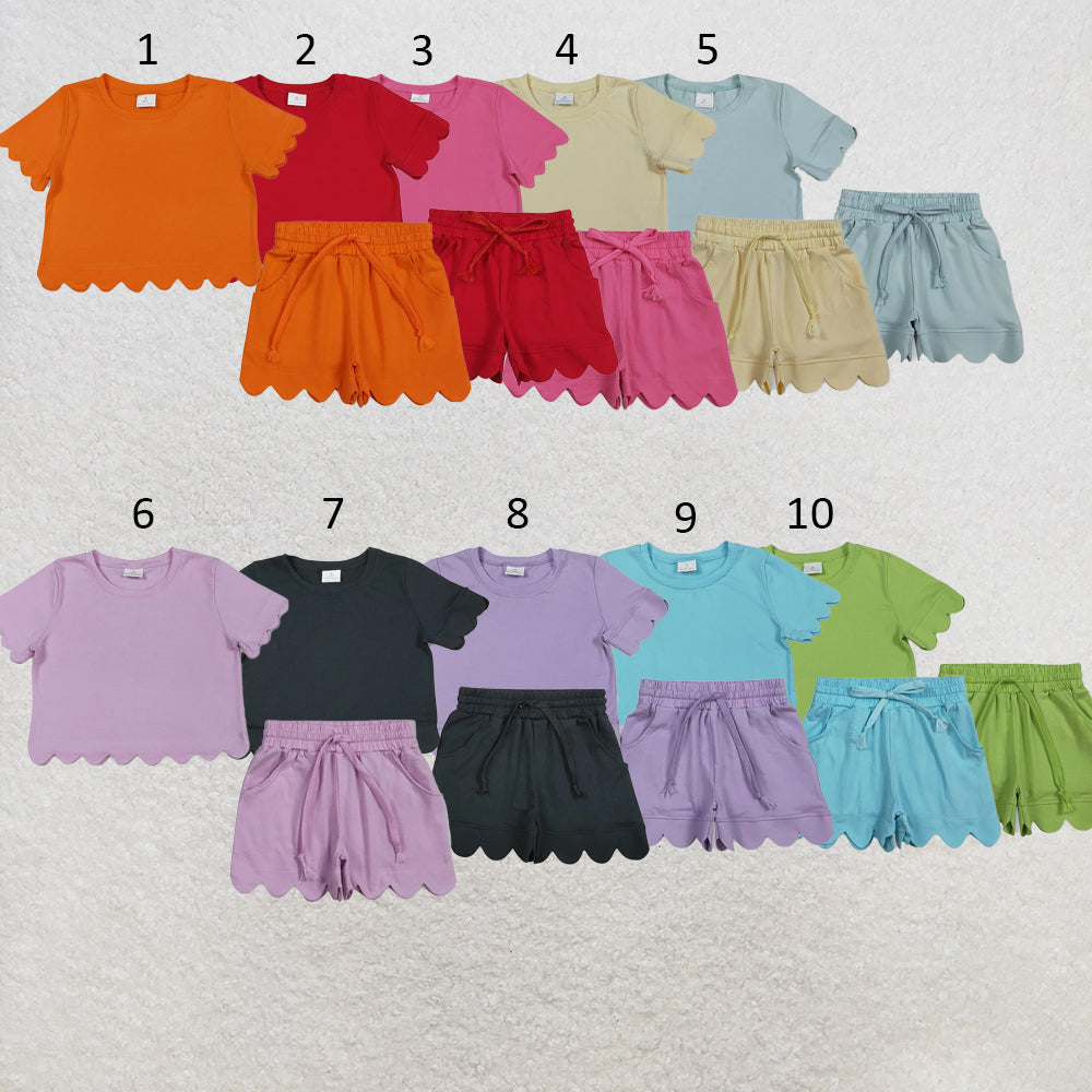 RTS NO MOQ Sibling cotton Baby Girls Solid Color Scallop Trim Short Sleeve Tee And Elastic Waist Shorts Set