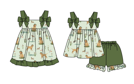 2.24 custom each style moq 5eta 4-6week Sibling Sister duck puppy baby girl short sleeve shorts sets and dresses match design