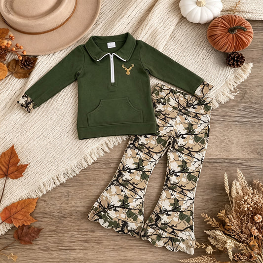 NEW RTS NO MOQ milk silk GLP3369（GT1694+P1035） Embroidery Baby Girls Green Deer Embroidery Zip Pocket Top Scallop Pants Casual Outfit Sets