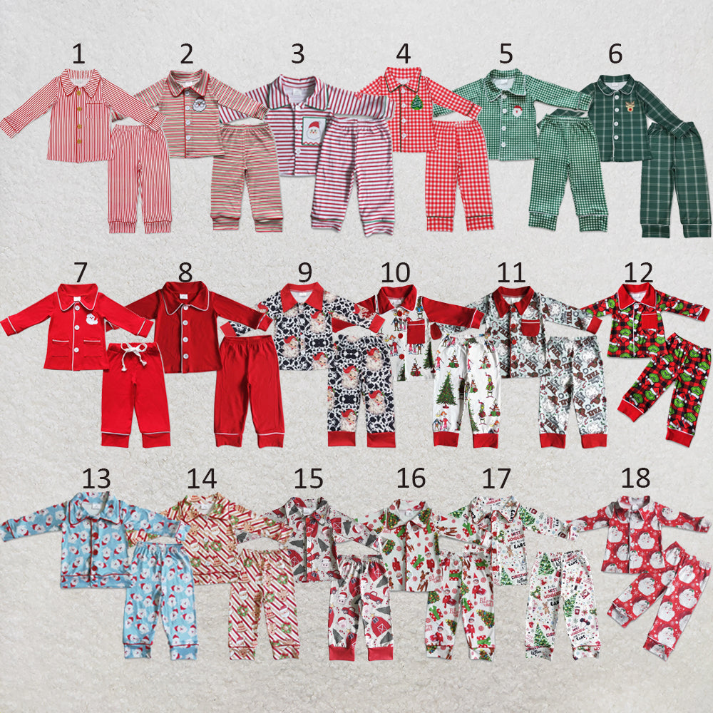 RTS NO MOQ Sibling milk silk Baby Boys Christmas Farm  Button Up Top  Pants Sleep Matching Outfits