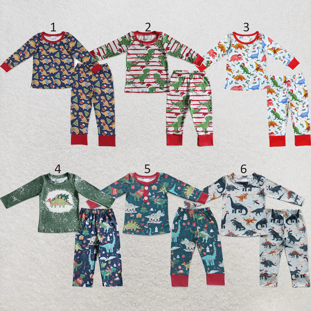 RTS NO MOQ Sibling milk silk Baby Boys Bamboo Christmas Dinosaur Print Top Pants Matching Pajamas Sets