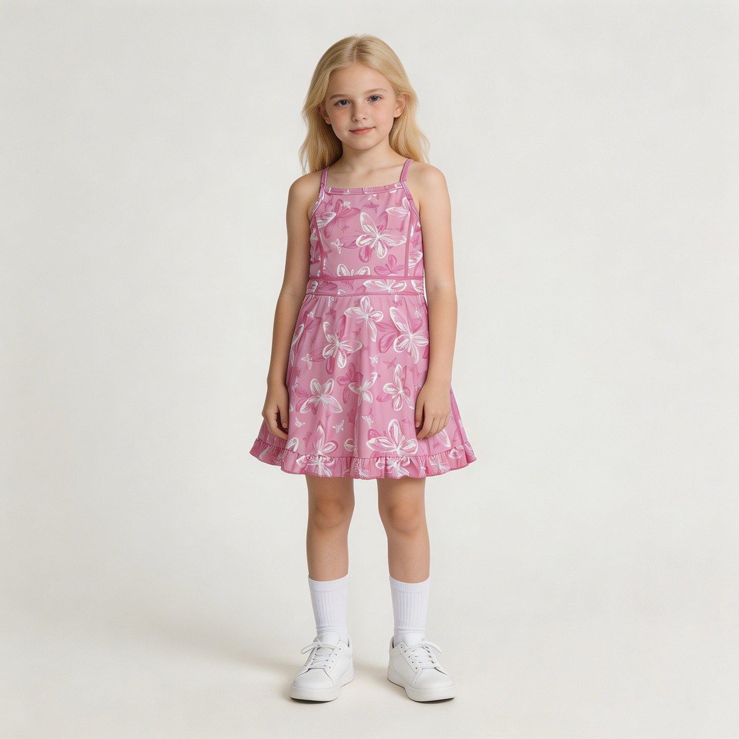 RTS NO MOQ yoga fabric GSD2292 Baby Girls Pink Strap Butterfly Ruffle Knee Length Dress