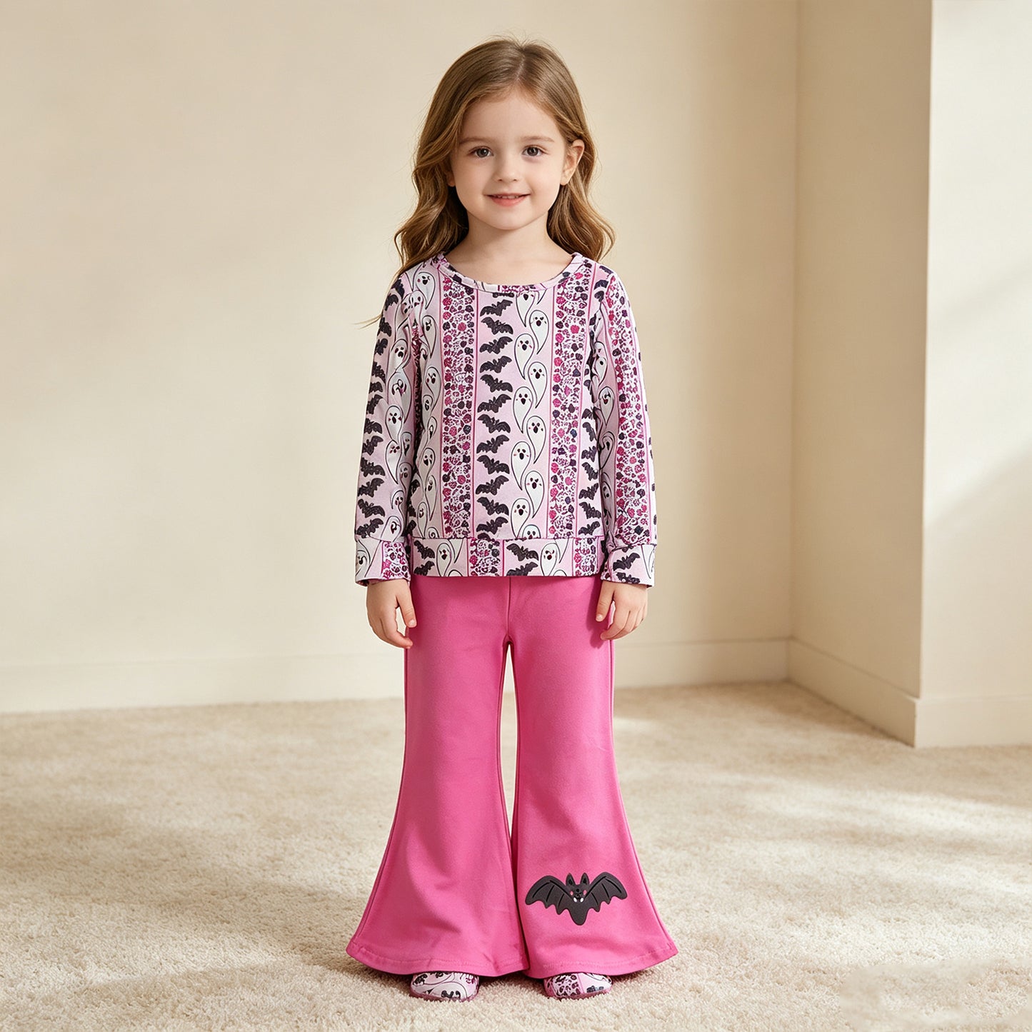 NEW RTS NO MOQ milk silk GLP3537 Baby Girls Pink Ghost Bat Floral Striped Print Long Sleeve Top Hot Pink Flare Bell Bottom Pants Outfit