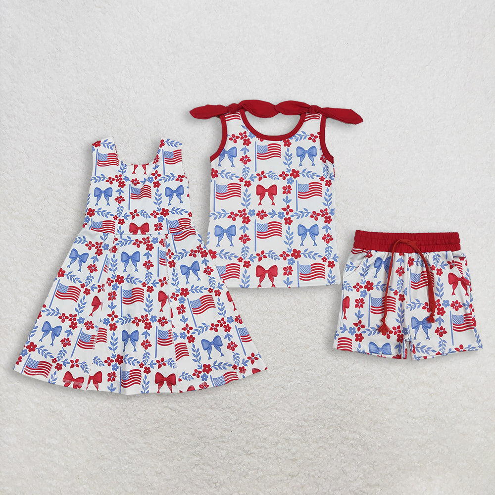 RTS NO MOQ Sibling Baby Girls 4th of July Red Blue Flowers Top Pockets Short Sets Yoga Active Shorts Knee Length Dress