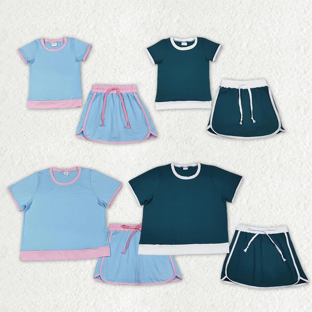 RTS NO MOQ Sibling Mama And Me Cotton Short Sleeve Top Skirt Short Set Clothing Outfit