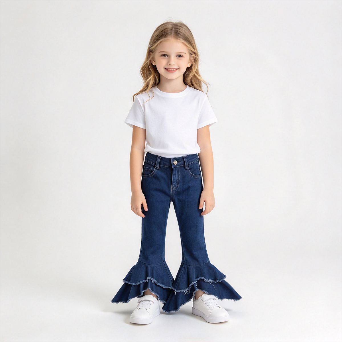 RTS NO MOQ Sibling Denim Baby Girls Solid Color Raw Edge Tiered Ruffle Bell Bottom Denim Pants