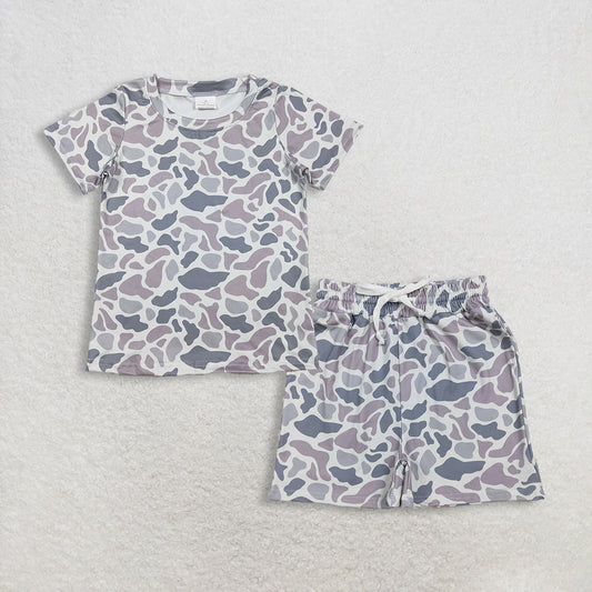 RTS NO MOQ BSSO1908 Baby Boys Southern Light Grey Camo Short Sleeve T-shirt with Pockets Bottoms Set Casual Comfortable Kids' Outfit
