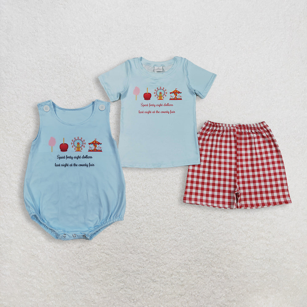RTS NO MOQ Sibling Baby Boys Red Checked Shirt Top with Shorts Rompers Set