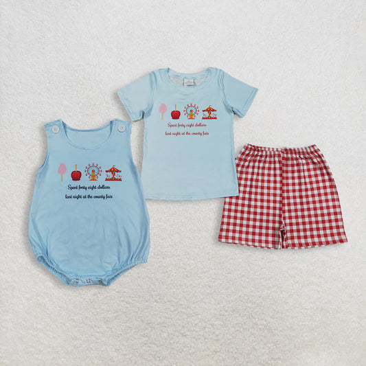 RTS NO MOQ Sibling Baby Boys Red Checked Shirt Top with Shorts Rompers Set