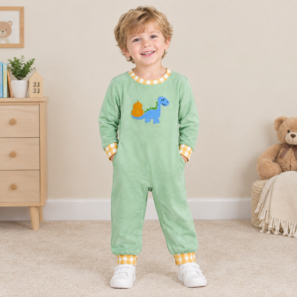 NEW RTS NO MOQ milk silk LR3168 Embroidery Pumpkins Dinosaur Baby Boys Fall Pant Rompers Fall Wear Romper