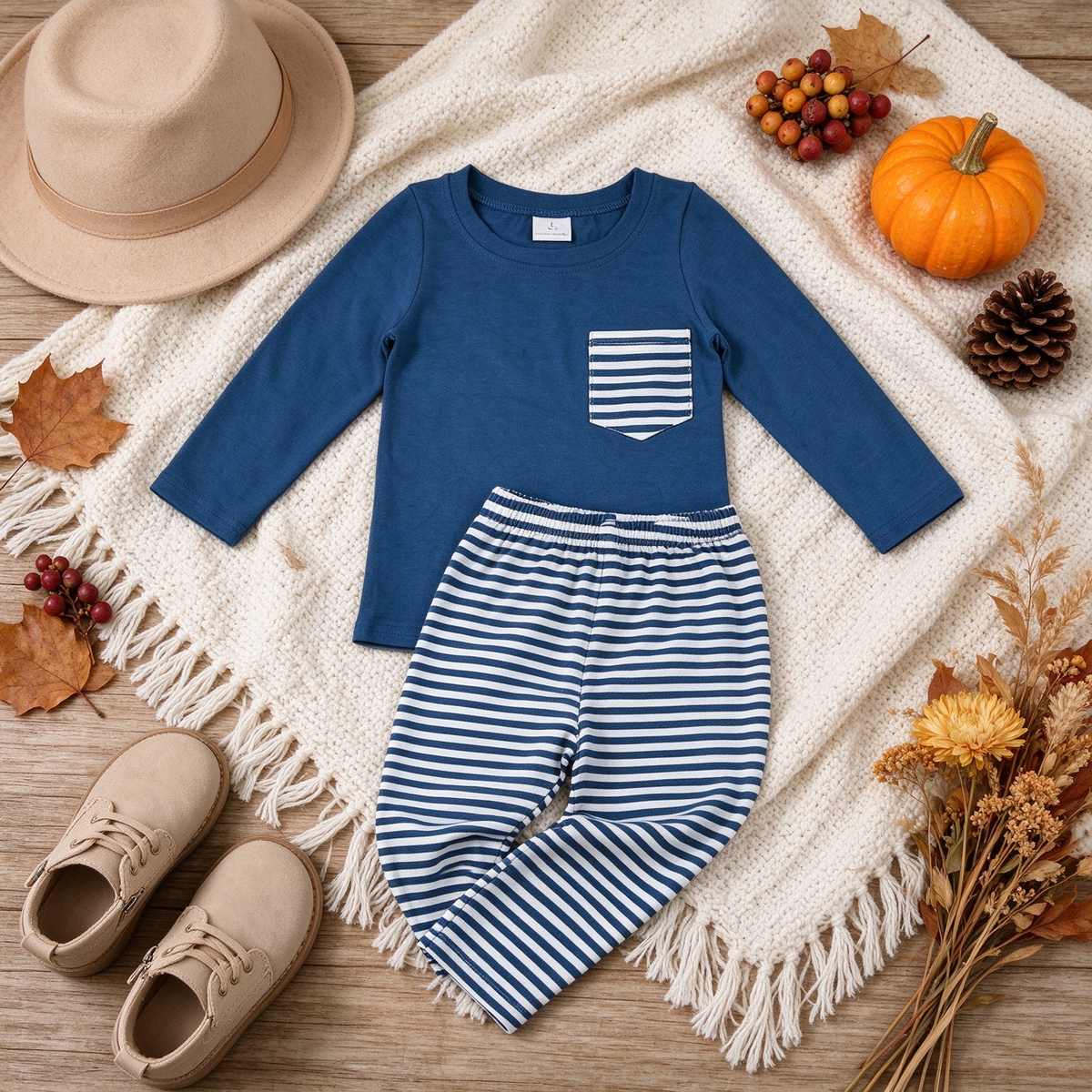NEW RTS NO MOQ milk silk BLP1512 Baby Boys Navy Long Sleeve Pocket Top Stripe Pants Casual Outfit