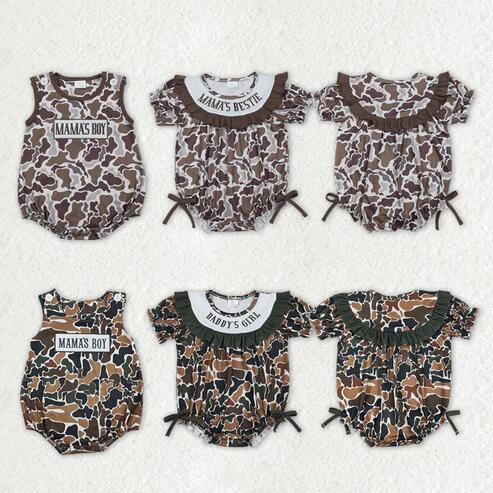 RTS NO MOQ Sibling Toddler Boys and Girls Soft Camo Rompers with Embroidery Mama's and Daddy's