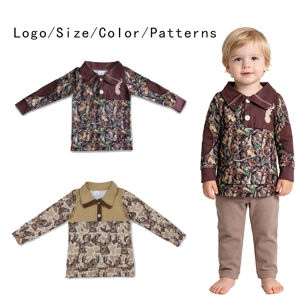 RTS NO MOQ Sibling milk silk Baby Boys Camo Deer Print Long Sleeve Collared Shirt