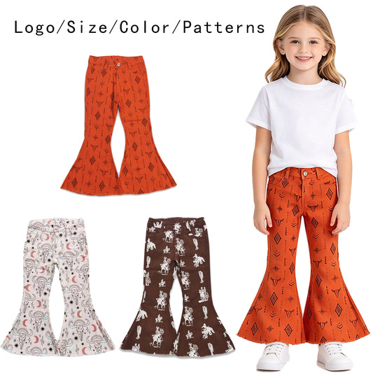 RTS NO MOQ Sibling Denim Baby Girls Western Casual Cowboy Print Bell Bottom Flare Pants