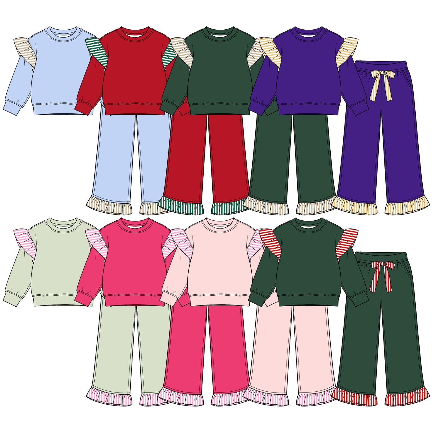 (Preorder new) No moq cotton fabric solid color Baby Girls stripe sweater Flutter sleeves long sleeve set