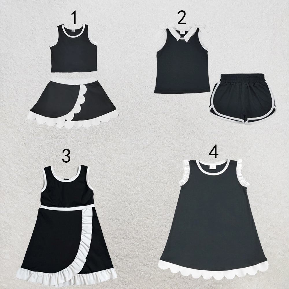 RTS NO MOQ Sibling cotton Baby Girls Black White Contrast Trim Sleeveless Summer Outfit Skort Shorts Wrap And A Line Dress