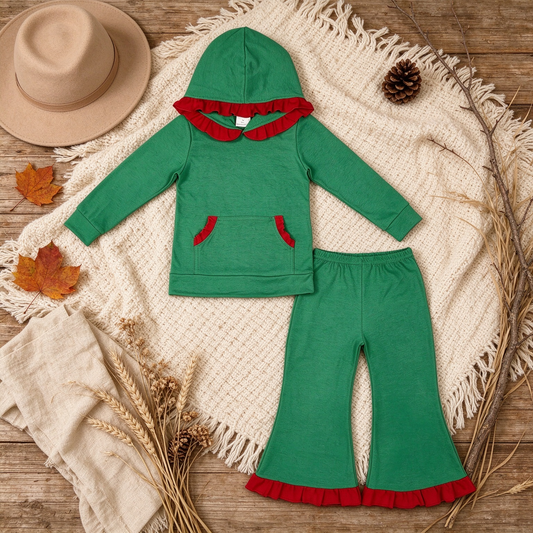 NEW RTS NO MOQ cotton GLP3752 Baby Girls Green Long Sleeve Pocket Ruffle Hoodie Bell Bottom Pant Christmas Holiday Set